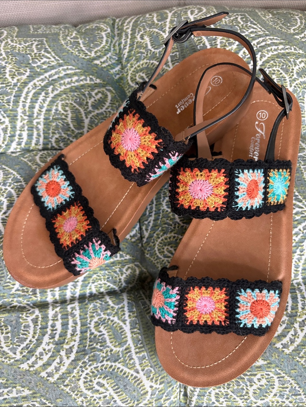 Multi colored Crochet-Accent Brown Sandals with Black Straps